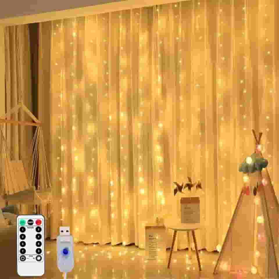 Cortina de Luz LED 3x3m com 300 LEDs Pisca Pisca Branco Quente, USB, Controle Remoto, 8 Modos, Resistente a água IP68, Natal, Festa, Casamento, Quarto Decoração Encantadora com Fio de Fada