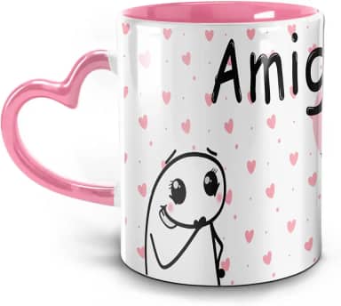 Caneca de Cerâmica Decorativa Amiga, Você é Meu Mundo, Tão Querida, 300 ml, Branca e Rosa