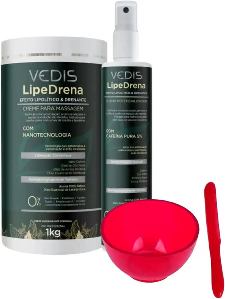Kit Creme de Massagem e Fluido Potencializador LipeDrena Vedis + Cubeta 60ml + Espátula Espanhola -Tratamento de Lipedema e Drenagem