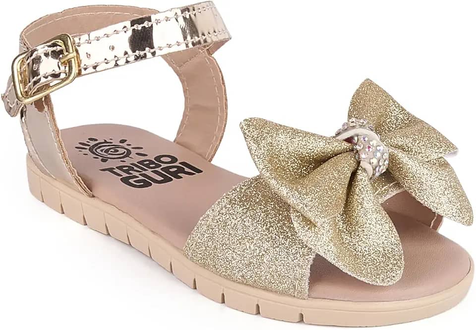 Tribo Guri Sandália Infantil com Glitter antiderrapante Laço Tira Ajustável Rosa e Dourado confortável casual festa