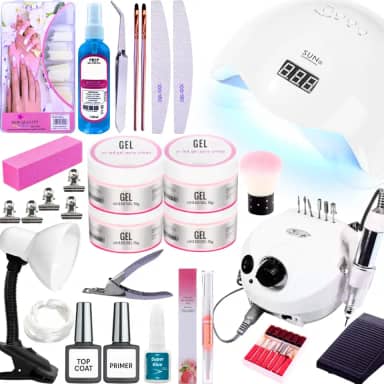 Kit Unhas Gel Acrigel Lixadeira Eletrica Motor Porquinho Cabine Sun5 48wTop Coat Primer Luminária