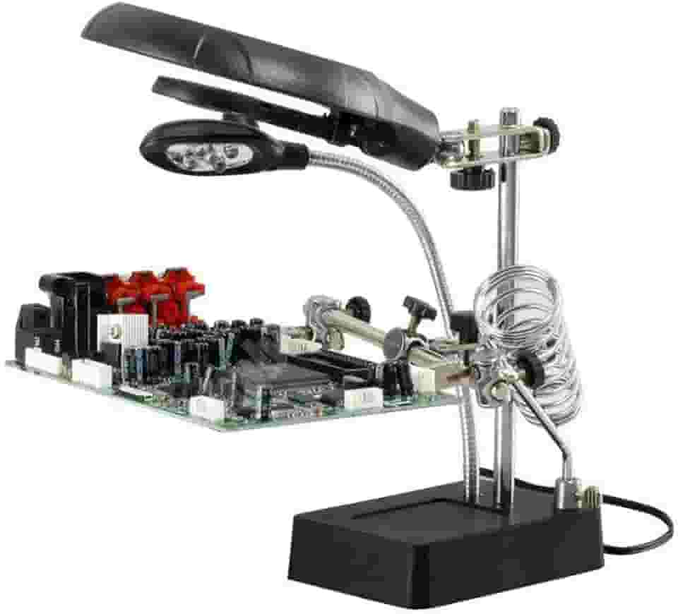 Lupa com Garras Suporte Ferro Solda com Luz Led a Pilha ou Fonte - Oksn