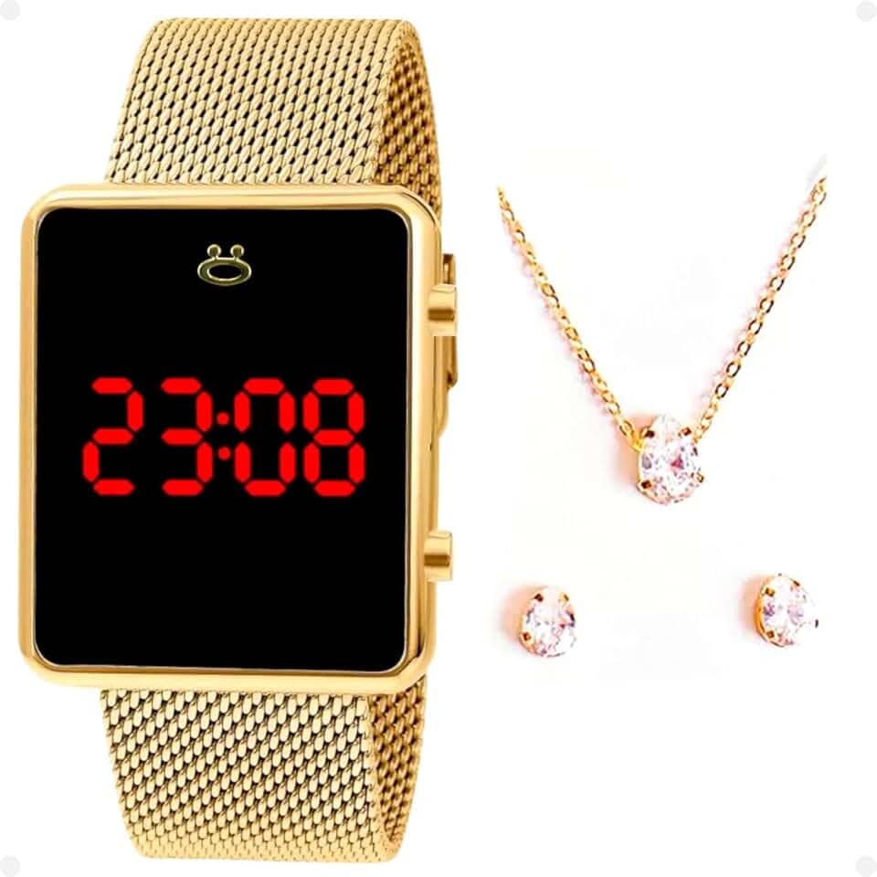 Relogio Feminino Digital Dourado Quadrado Original Casual com Caixa Presente Romantico Conjunto Joias Brincos e Colar Ponto Luz Folhados Ouro 18k Social Festa Trabalho