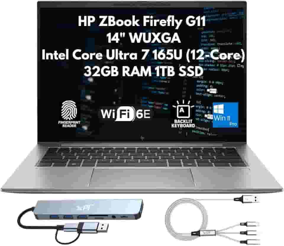 HP ZBook Firefly G11 AI Ready Business Laptop 2025, WUXGA de 14 polegadas (1920 x 1200), Intel Core Ultra 7 165U de 12 núcleos, RAM DDR5 de 32 GB, SSD de 1 TB, leitor de impressão digital, câmera IR