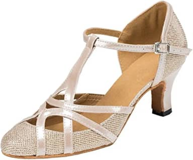 Tênis feminino de dança de salsa tango sintético com tira em T com glitter