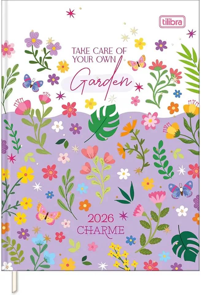 Tilibra - Agenda Costurada Diária 12,3 x 16,6 cm Charme 2026 - Flores fundo branco e roxo