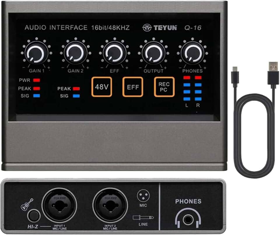 Q-16 Interface de audio,placa de som profissional de canal USB 2.0 DC 5V de alta velocidade, função de monitor para estúdio/gravação musical/jogos/Equipamentos para Gravação Musical