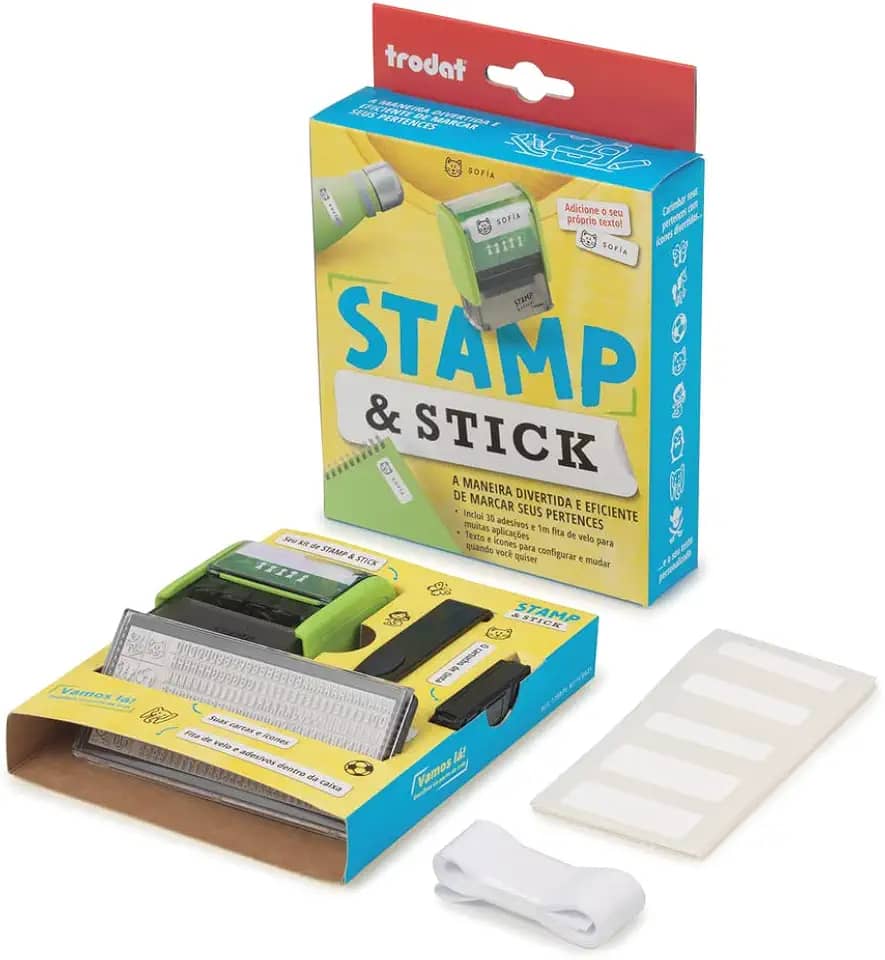 Kit de carimbo Trodat Stamp Stick autotintado, automático,tam. 34x14mm, Tinta Preta permanente - Para carimbar diretamente em tecido, plásticos e papel. Marcador para identificação