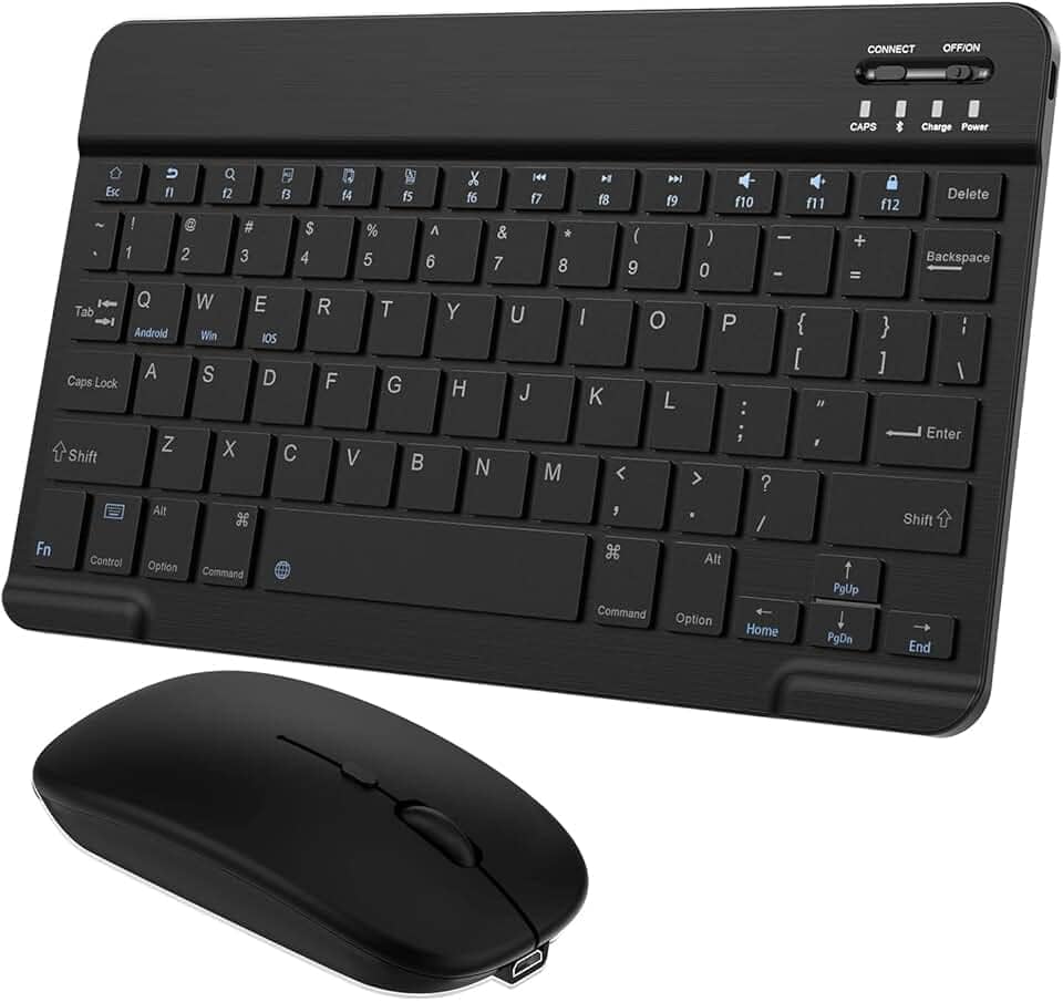 Kit Teclado e Mouse Bluetooth Ultrafino Sem Fio, Portátil e Recarregável E Teclado sem Fio - Compatível com Tablets Android, Celular, Smartphone, iPhone, iPad mini, Pro Air 10.2 10.9 11 12.9 (Preto)