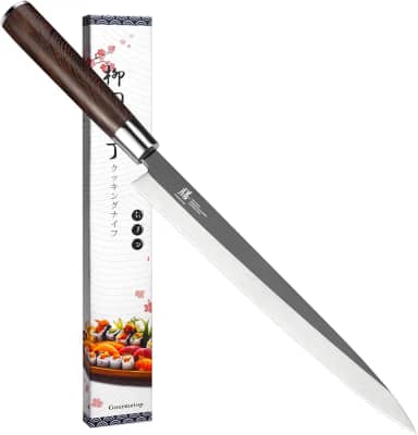 Gourmetop Faca de sushi japonesa para sashimi de 25 cm – VG10 Faca Yanagiba de aço com Urasuki e bisel escovado, cabo em forma de D de madeira wenge – Profissional para corte de salmão japonês e sushi
