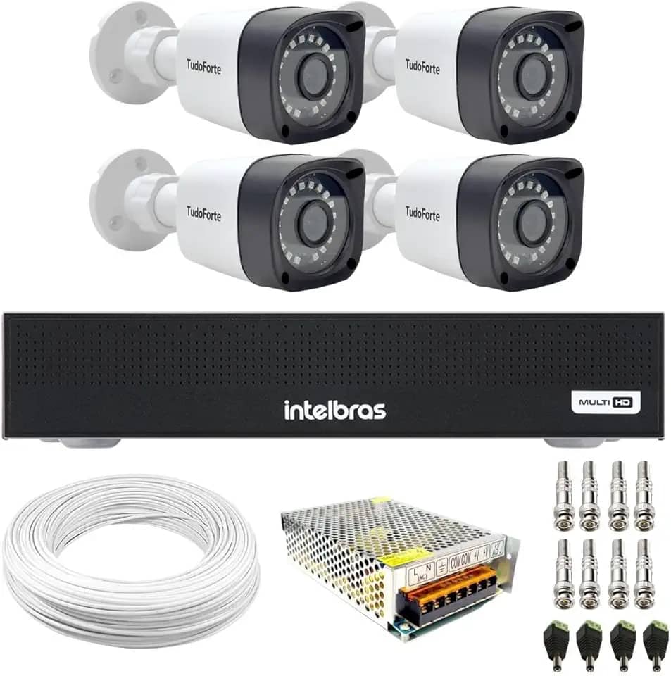 Kit 4 Câmeras Tudo Forte TF 2020 B Full HD 1080p Bullet com Visão Noturna 20M Proteção IP66 + DVR Gravador Intelbras MHDX 1104-C 4 Canais