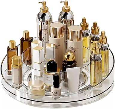 Organizador de Maquiagem Giratório 360° em Acrílico Transparente - Prateleiras Ajustáveis para Cosméticos, Batons e Cuidados com a Pele - Ideal para Penteadeiras