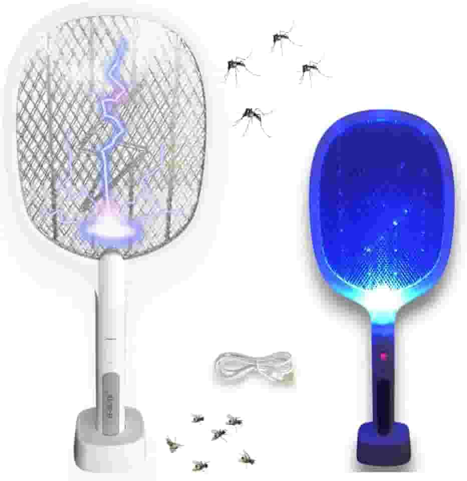 Raquete Elétrica Mata Mosquito Pernilongo E Insetos Armadilha Contra Dengue Com Base E Luz Roxa Led Uv Com Cabo USB Bivolt