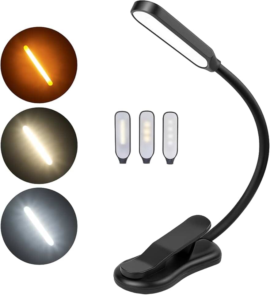 Luz de Leitura LED para Livro com Clip – USB Recarregável, 3 Níveis de Brilho e 3 Cores de Luz, Braço Flexível Portátil – Luminária de Livro Ideal para Leitura Noturna, Estudo e Viagem (Preto)