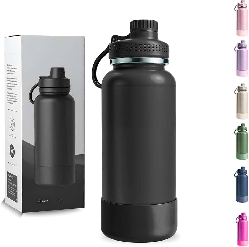 Garrafa Térmica 1000ML - Duplamente Isolada a Vácuo, Aço Inox 304, Capa Protetora da Base de Silicone, Mantém Bebidas Gelada 24 horas e Quente 12 horas (Preto Wide)