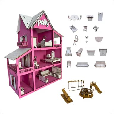 Casinha de Boneca Pequena Infantil Em Mdf Cor Rosa com Moveis e Parquinho