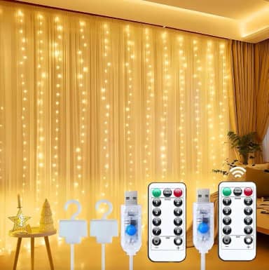 Kit 2 Pisca Cortina de Luz LED, 3x3m 300 Leds USB com Controle, Decoração de Natal,amarelo quente