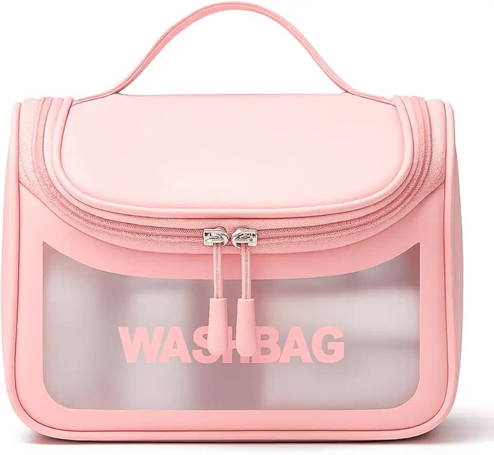 Necessaire Feminina Transparente Viagem Bolsa Ideal para Cosméticos Maquiagem Higiene Pessoal Fechamento com Zíper Fácil Acesso Design Moderno Funcional Impermeável (Rosa)