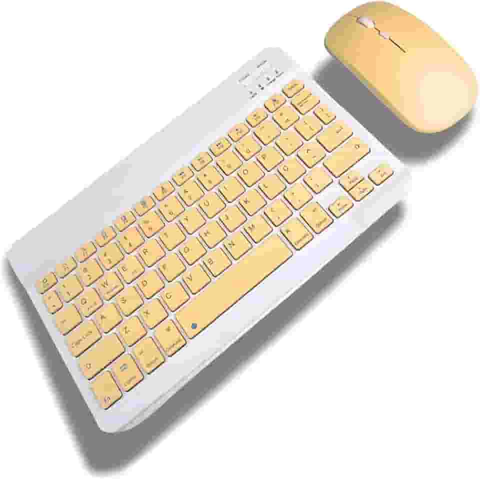 Teclado E Mouse Bluetooth Recarregáveis – Design Slim, Silencioso E Ergonômico Para Escritório E Casa Para Computador, Tablet E Laptop Ipad | Kit Premium Sem Fio 2 Em 1 (Amarelo)