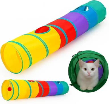 Túnel para Gatos 4 Entradas Dobrável com Bolinha Brinquedo Interativo 120cm