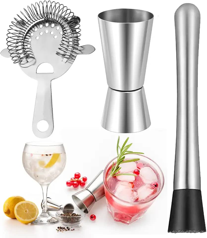 Kit Barman Dosador De Bebida Duplo 30/60ml + Amassador Socador Caipirinha + Coador Filtro Peneira Strainer Inox Gelo Fruta P/Fazer Preparo De Bebida Drinks Coquetel Suco Profissional Bartender