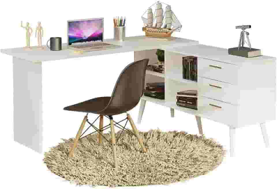 Escrivaninha Mesa de Escritório de Canto 3 Gavetas Branca Lisboa Madesa