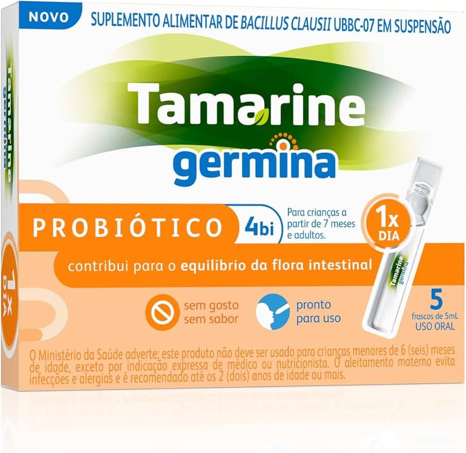 Probiótico Germina 4BI Tamarine Sabor Laranja 5 Frascos de 5ml – Suplementação Alimentar – Auxilia na Manutenção do Equilíbrio Digestivo – Sem Açúcar e Sem Glúten – Uso Adulto e Infantil