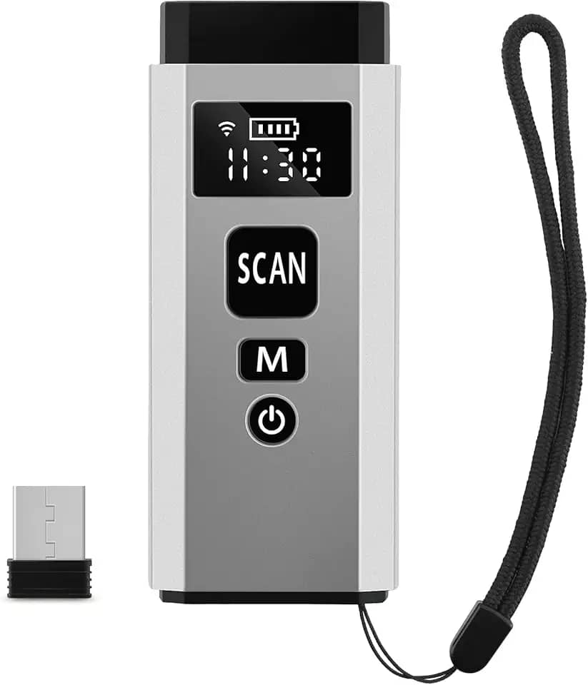 Mini scanner de código de barras 2D e 1D, Bluetooth 4,2 e 2,4 G sem fio e com fio 3 em 1 scanner de código de barras portátil com tela TFT, suporte de digitalização de tela, para tablet, iPhone, iPad, Android, Windows, Mac, Smart Phone Pos