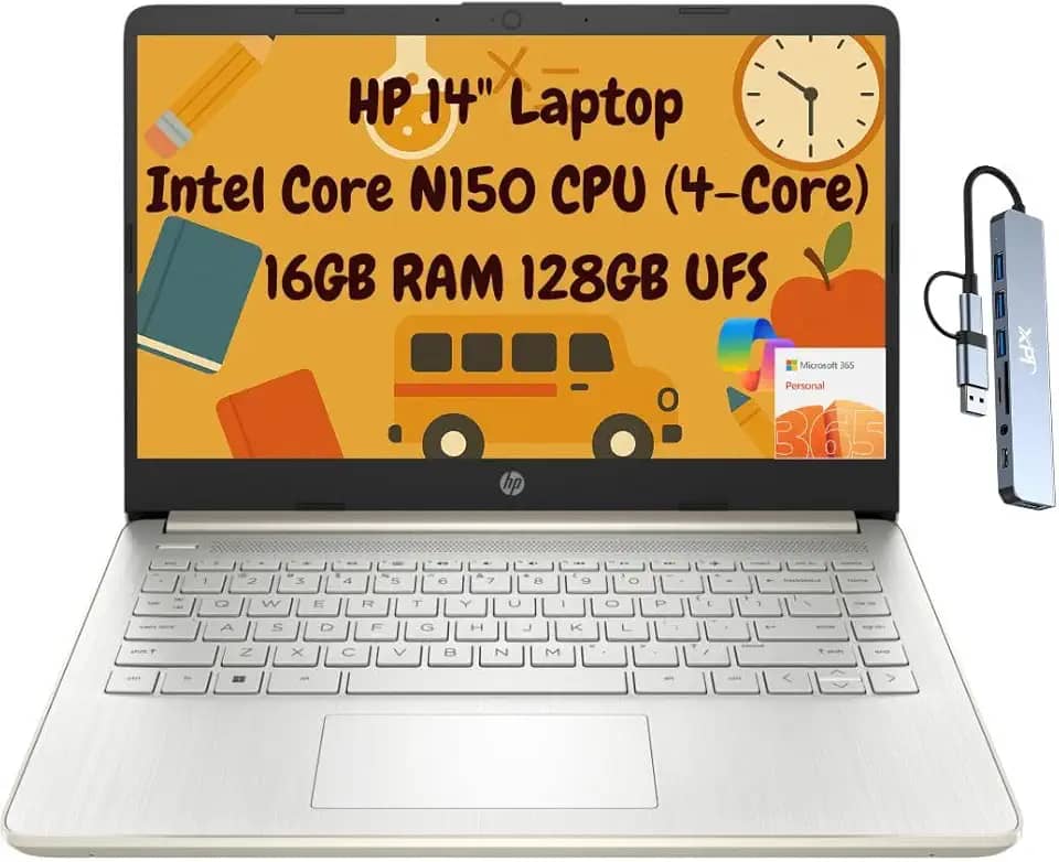 HP Laptop estudantil portátil 14 fino 2025, HD de 14 polegadas, Intel N150 de 4 núcleos, 16 GB de RAM, armazenamento de 256 GB (128 GB UFS + 128 GB microSD), 1 ano de escritório 365, Wi-Fi 6, HDMI