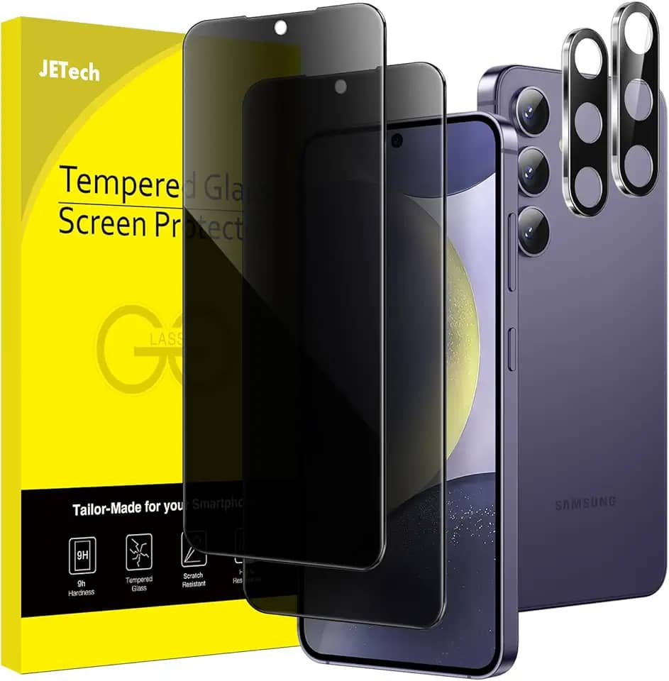 JETech Película de Vidro Temperado de Privacidade para Samsung Galaxy S24+ / S24 Plus 5G 6,7 Polegadas com Protetor Lente Câmera, Protetor de Tela Anti-Espionagem, 2 Pacotes Cada