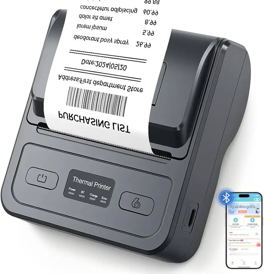 Mini Impressora Térmica Portátil de Recibos 80mm, Conectividade Bluetooth Compatível com Android, iOS e Windows, Velocidade de Impressão: 70–90 mm/s, 203DPI, Adequada para Imprimir Recibos e Bilhetes