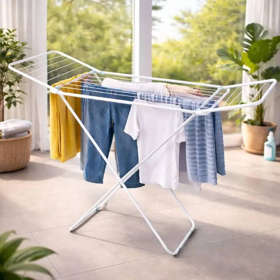 Varal de Chão com Abas Dobrável Slim Aço Resistente Compacto Portátil Leve Dobrável com Pintura Epóxi Ideal para Apartamentos Lavanderia Varal de Roupas Interno Externo Prático Durável