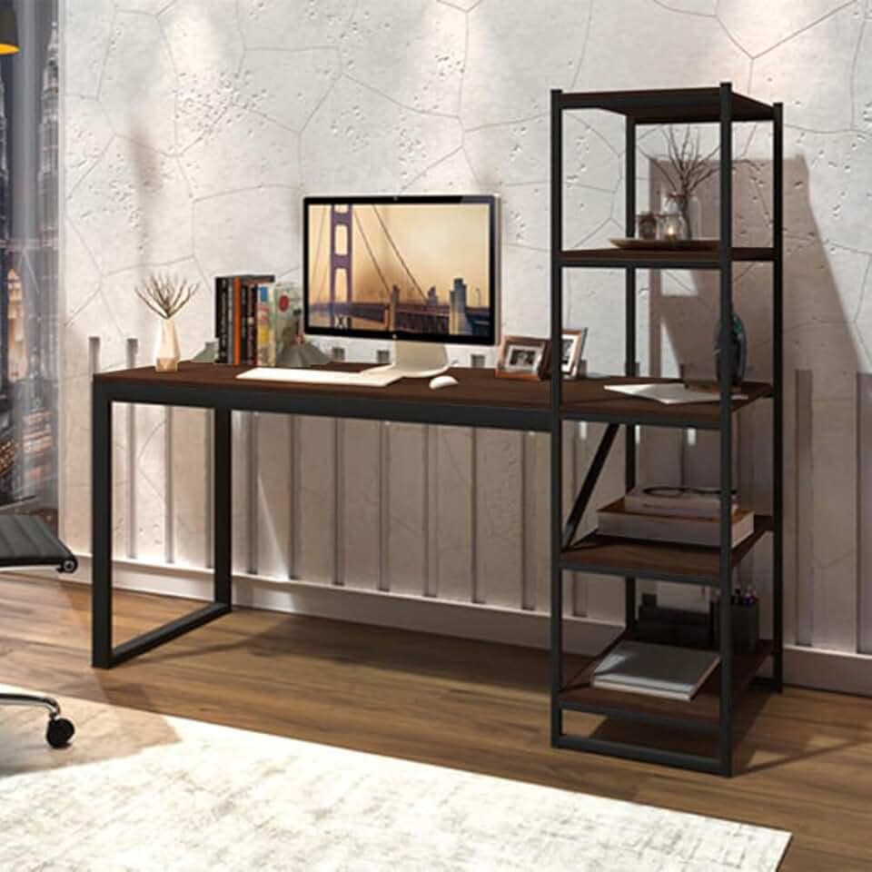 Escrivaninha Home Office Com Prateleiras Innovare Indústrial Preta/Castanho Rústico