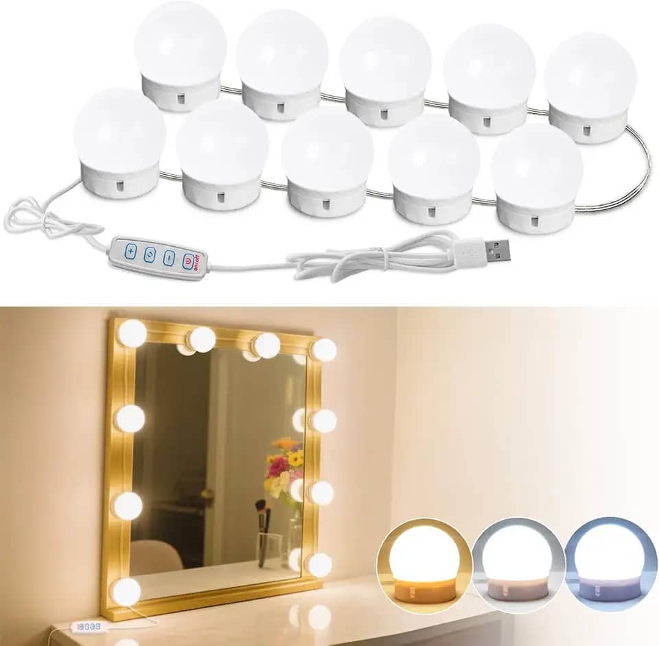Luzes de LED para espelho com 10 lâmpadas reguláveis de 5 m estilo Hollywood para penteadeira e penteadeira