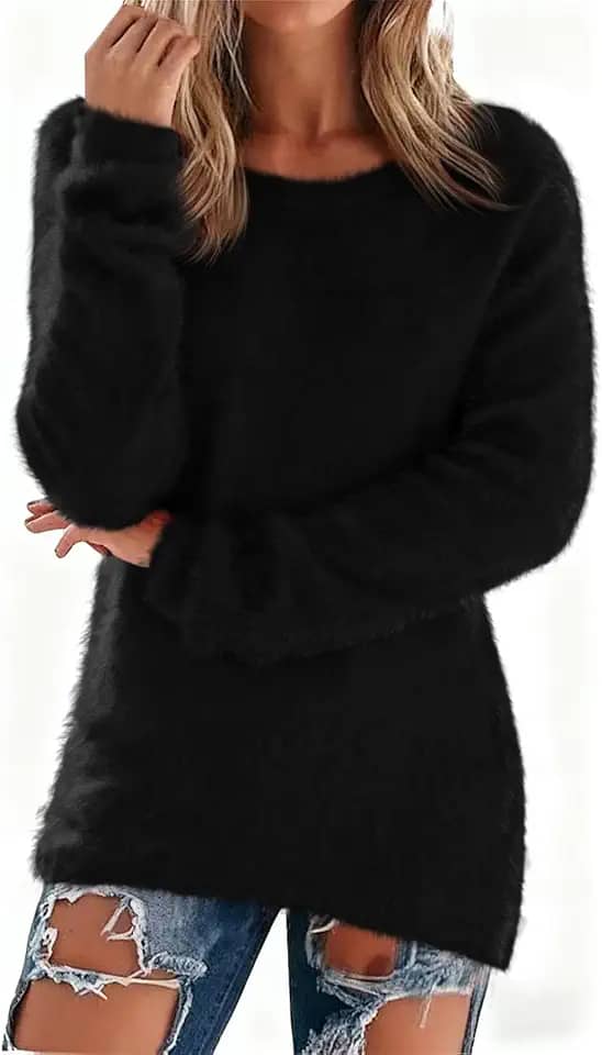 Camisolas femininas felpudas de lã gola redonda pulôver de manga comprida térmica macia plus size elástico inverno moda tops