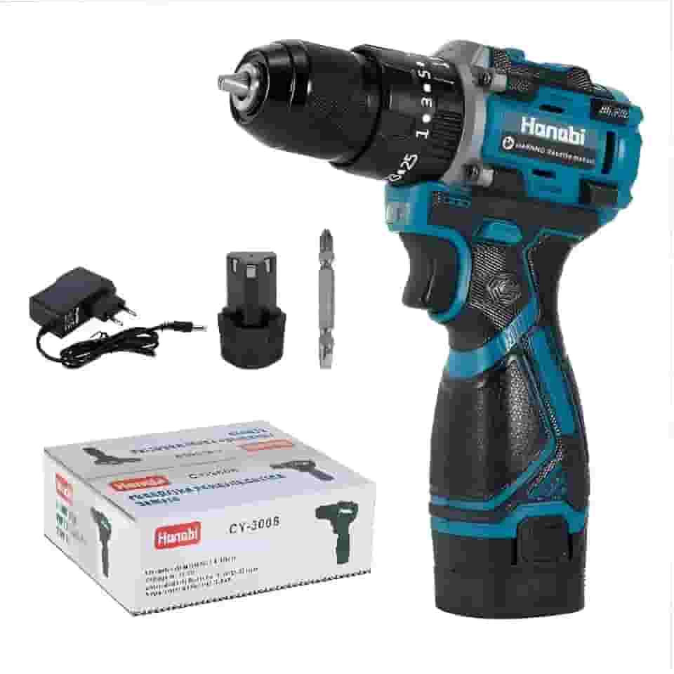 Hanabi Furadeira Parafusadeira 16.8V 2AH com Bateria de Íon de Lítio Motor Brushless 1450 rpm, Mandril 10mm Sem Chave, Inclui 1 Bateria, Carregador e 1 Bits e maleta