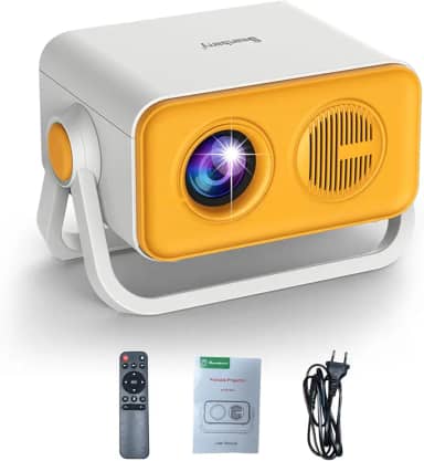 Projetor Portátil 4K Mini com Suporte Duplo 360° - Projetor de Cinema em Casa com Foco Automático AI, Bluetooth 5.0, Compatível com HDMI/USB/Telefone/TV Stick para Filmes e Jogos ao Ar Livre (Amarelo)