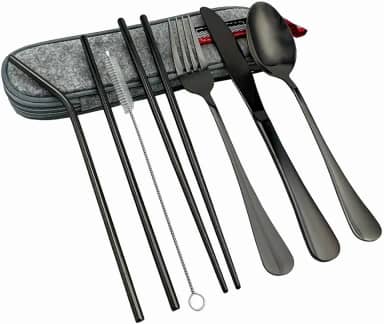 Kit de Talheres em Aço Inox com Estojo Impermeável, Reutilizável, para Casa, Trabalho e Viagem (Preto)