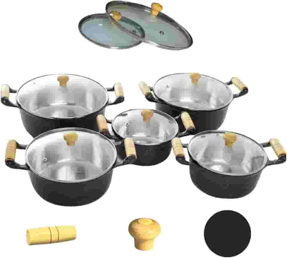 Kit 5 Peças Jogo de Panelas Preto Tampa Vidro Alumínio Fundido Batido Grosso