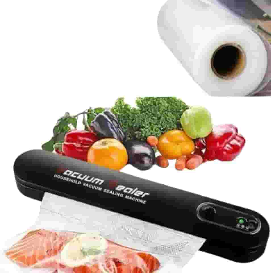 Seladora de Embalagem a Vácuo Doméstica Bivolt com Bobina de Saco Plástico 5m x 25cm – Máquina de Embalar e Conservar Carnes, Peixes, Frutas e Legumes Frescos por Mais Tempo - Ideal para Cozinha