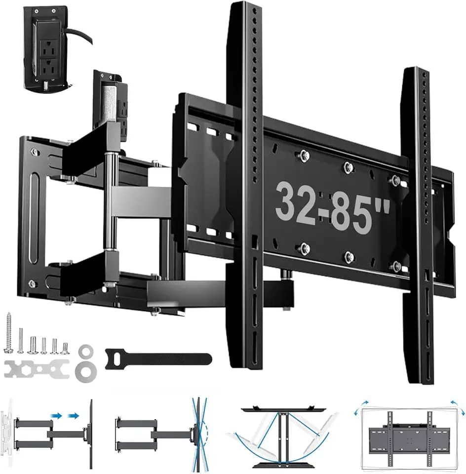 Suporte de Parede Multiarticulado Reforçado, TVs de 32'' a 85'' com Maior Comprimento de Braço, Com Tomada, Capacidade Máxima de 60 kg, Preto