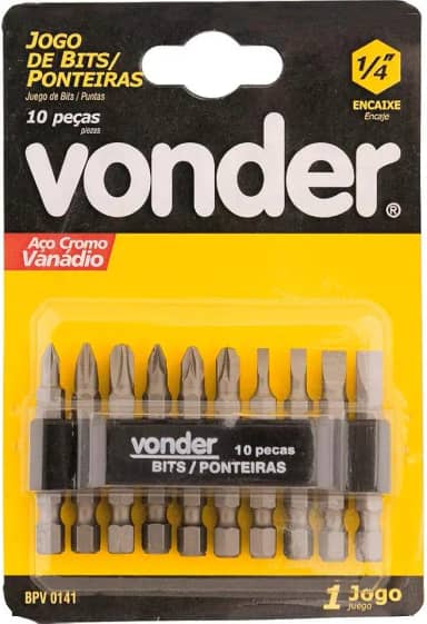 Jogo de Bits/Ponteiras com 10 Peças, Encaixe Sextavado 1/4', Vonder VDO694