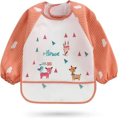Babador Impermeável Infantil, Manga Longa com Velcro, Bolso para Migalhas, Design Divertido