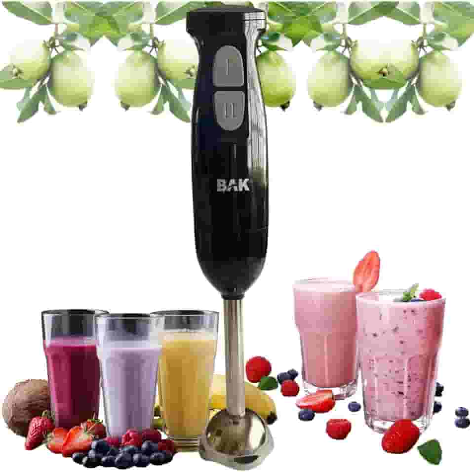 Mixer Processador Manual Bak,127v 300 w, Misturador Elétrico Turbo Portátil 2 Velocidades e 4 Lâminas de Aço Inoxidável para Misturar Sucos de Frutas, Shakes, Purês ou Papinhas sem Esforço, Cor Preto