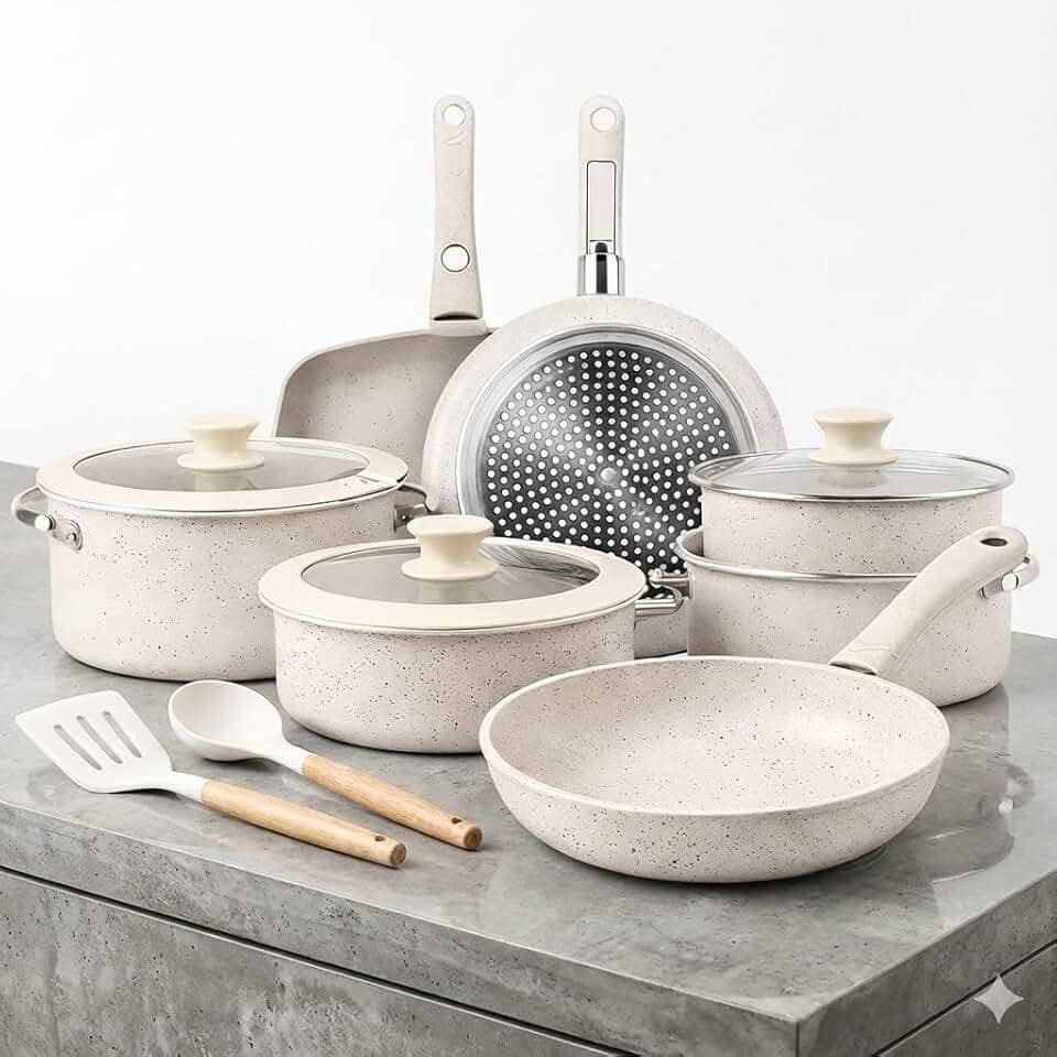 Conjunto de Panelas Cerâmica, 18 Peças, Antiaderente com Cabo Removível, Branco, Compatível com Fogão a Gás, Indução e Elétrico, Inclui Tampas e Utensílios de Silicone