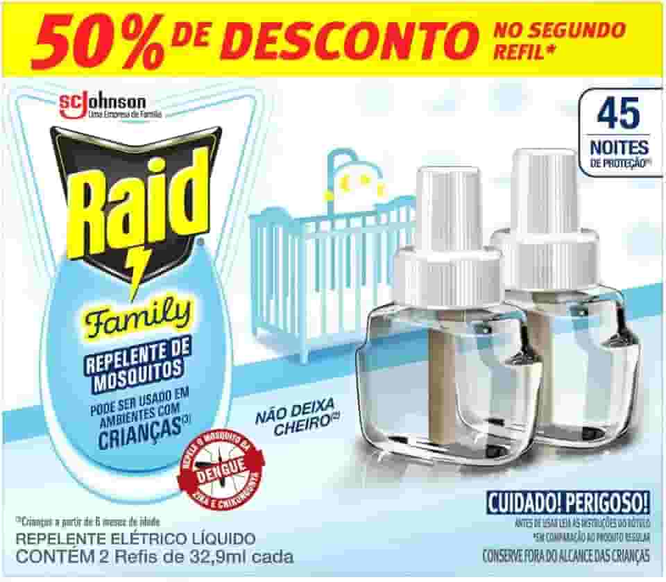 Raid Repelente Eletrico Líquido Family, 45 Noites, 2 Refis de 32,9ml