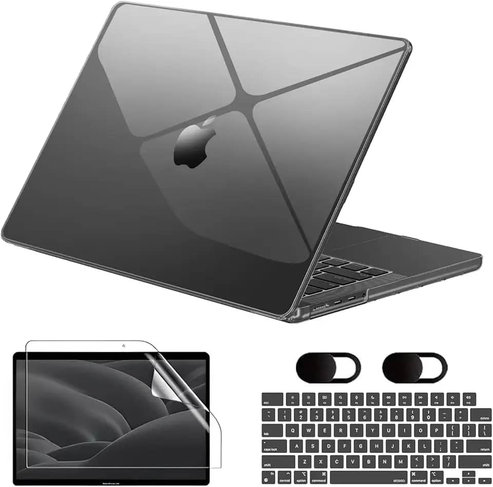 Capa Macbook Air M1 13,3'' A1932/A2179/A2337 (2018-2020), Vem Com Película de Teclado, Película de Tela Hidrogel e Tampa Protetora para Câmera, Rigido, Leve e Fina (Transparente Preto)