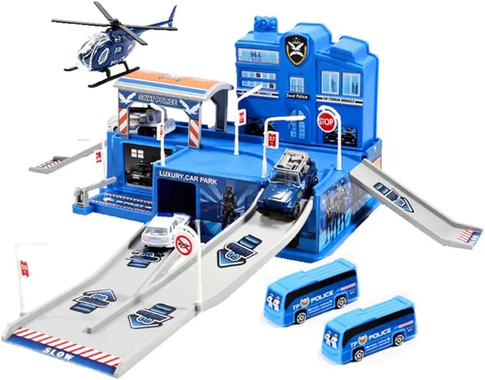 Pista de Carrinhos Infantil Garagem com Acessórios Polícia Maxi Toys