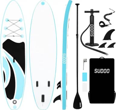 SUDOO Prancha de stand up paddle inflável 10'x30 x6 prancha de stand up paddle ultraleve para adultos e jovens com mochila, bomba, remo, trela de bobina, nadadeiras triplas, kit de reparo