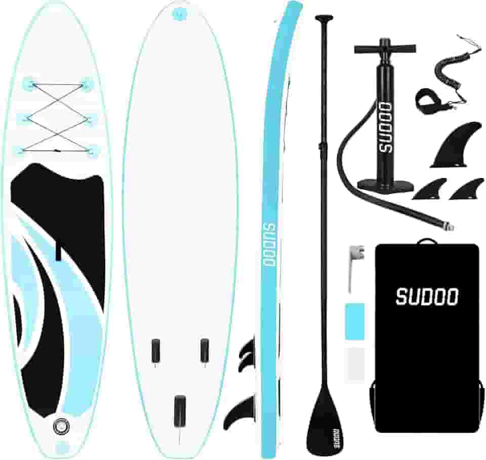 SUDOO Prancha de stand up paddle inflável 10'x30 x6 prancha de stand up paddle ultraleve para adultos e jovens com mochila, bomba, remo, trela de bobina, nadadeiras triplas, kit de reparo